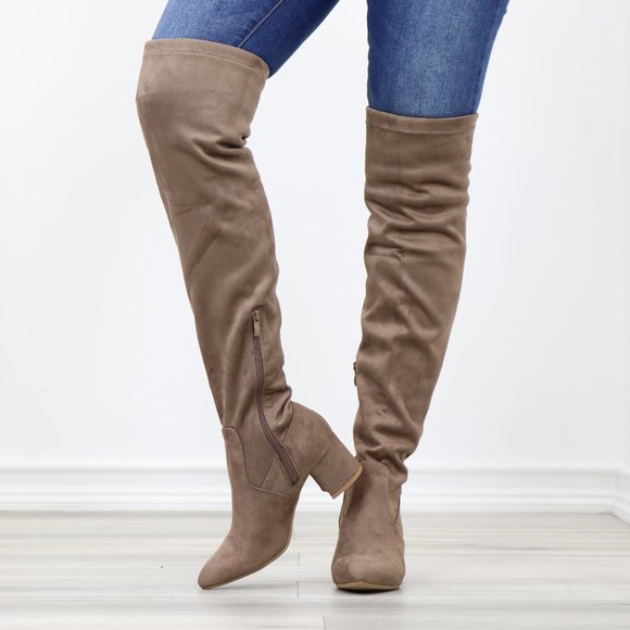 Taupe Thigh High Over The Knee Low Block Heel Boots Faux Suede Pointy Toe - Picture 13 of 15